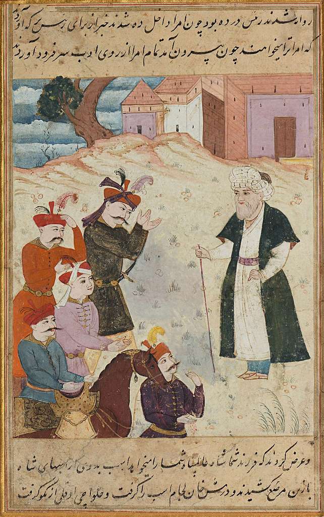 Five Qizilbash visiting a sheikh, Isfahan, Iran, workshop of Mu'in Mosavver, ca. 1680 - Ghiabi 
